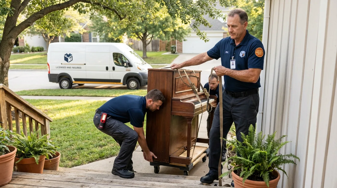 Licensed piano movers securing grand piano in La Grange, KY