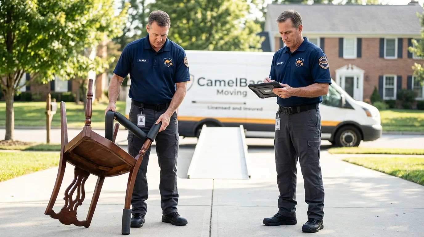 Movers inspecting furniture for damage prevention before loading in La Grange, KY