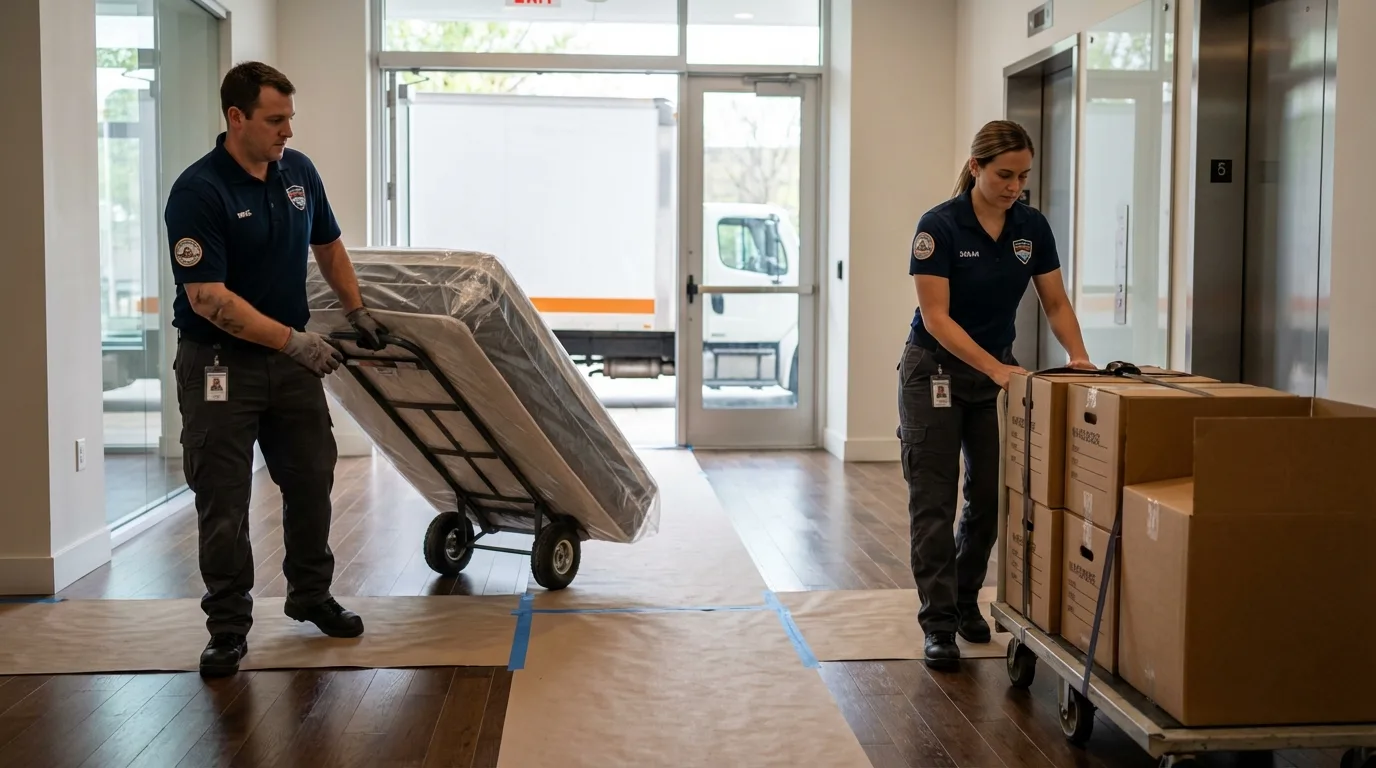 Professional apartment movers loading elevator in La Grange, KY
